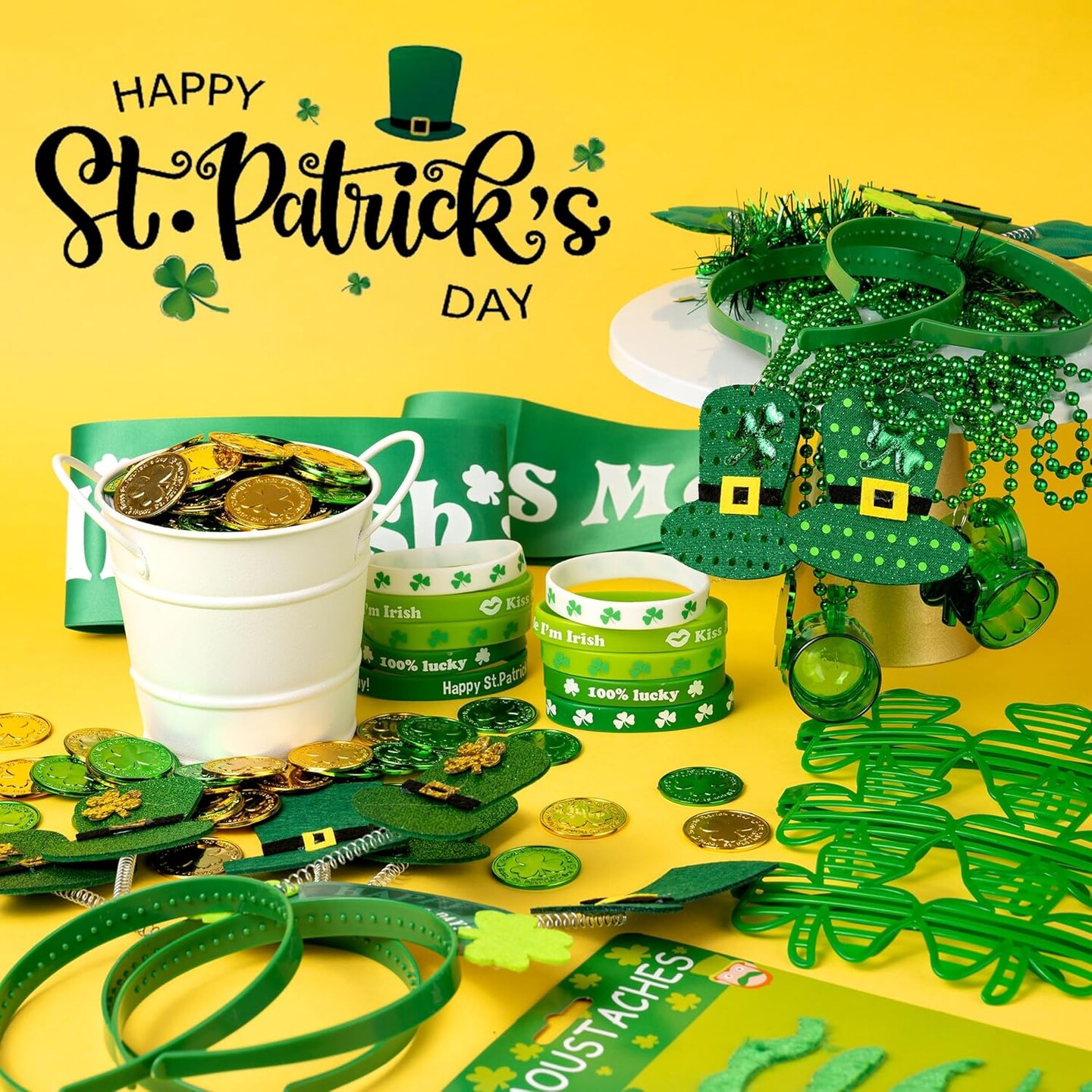 180Pcs St. Patrick&#x27;s Day Accessories Party Favor Set, Tattoo Stickers, Necklaces, Bracelets, Shamrock Glasses, Headbands, Mustaches, Coins and Kiss Me I&#x27;m Irish Sash for Irish Party Supplies