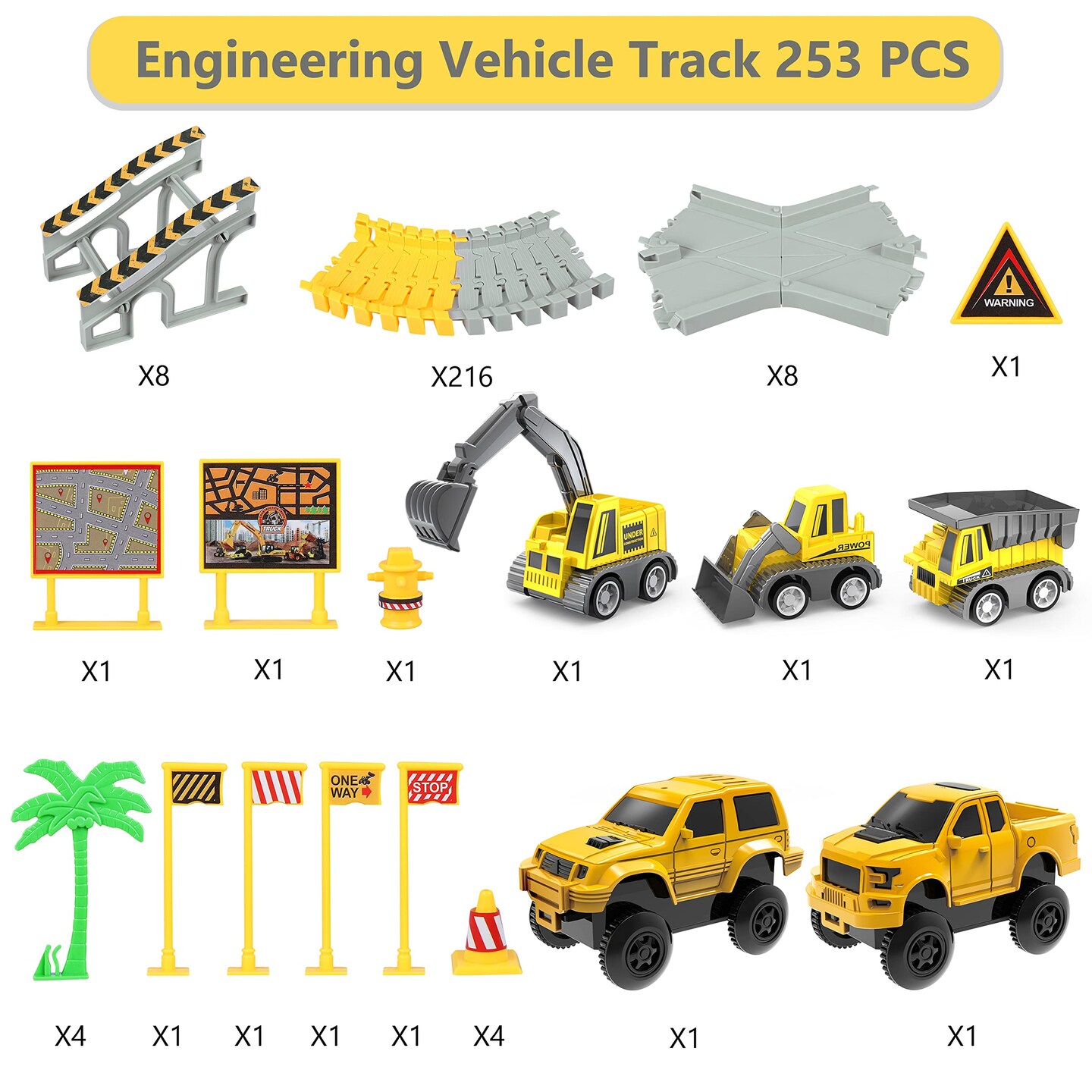 Toys 253 Pieces Race Tracks Toy for 3 4 5 6 7 8 Year Old Boys Girls, 5 PCS Truck Car and Flexible Track Play Set Create A Engineering Road Games Toddler Best Gift