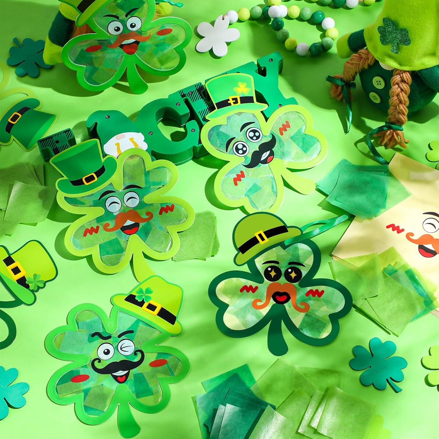 24 Pcs St. Patrick&#x27;s Day Craft Kit Lucky Shamrock Suncatcher Craft Irish Day Window DIY Tissue Paper Suncatcher Decoration Ornament for Classroom St Patricks Party Favor Supplies