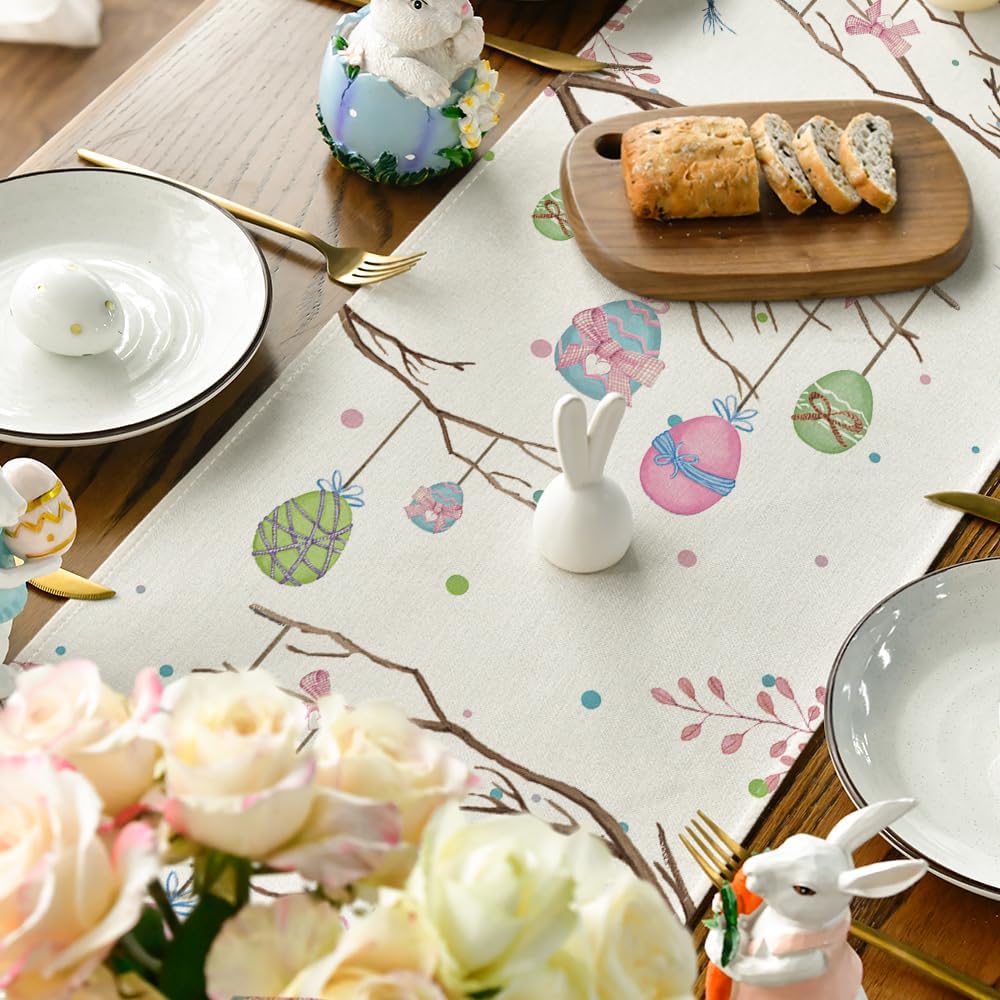Buffalo Plaid Bunny Egg Carrot Easter Table Runner, Seasonal Spring Kitchen Dining Table