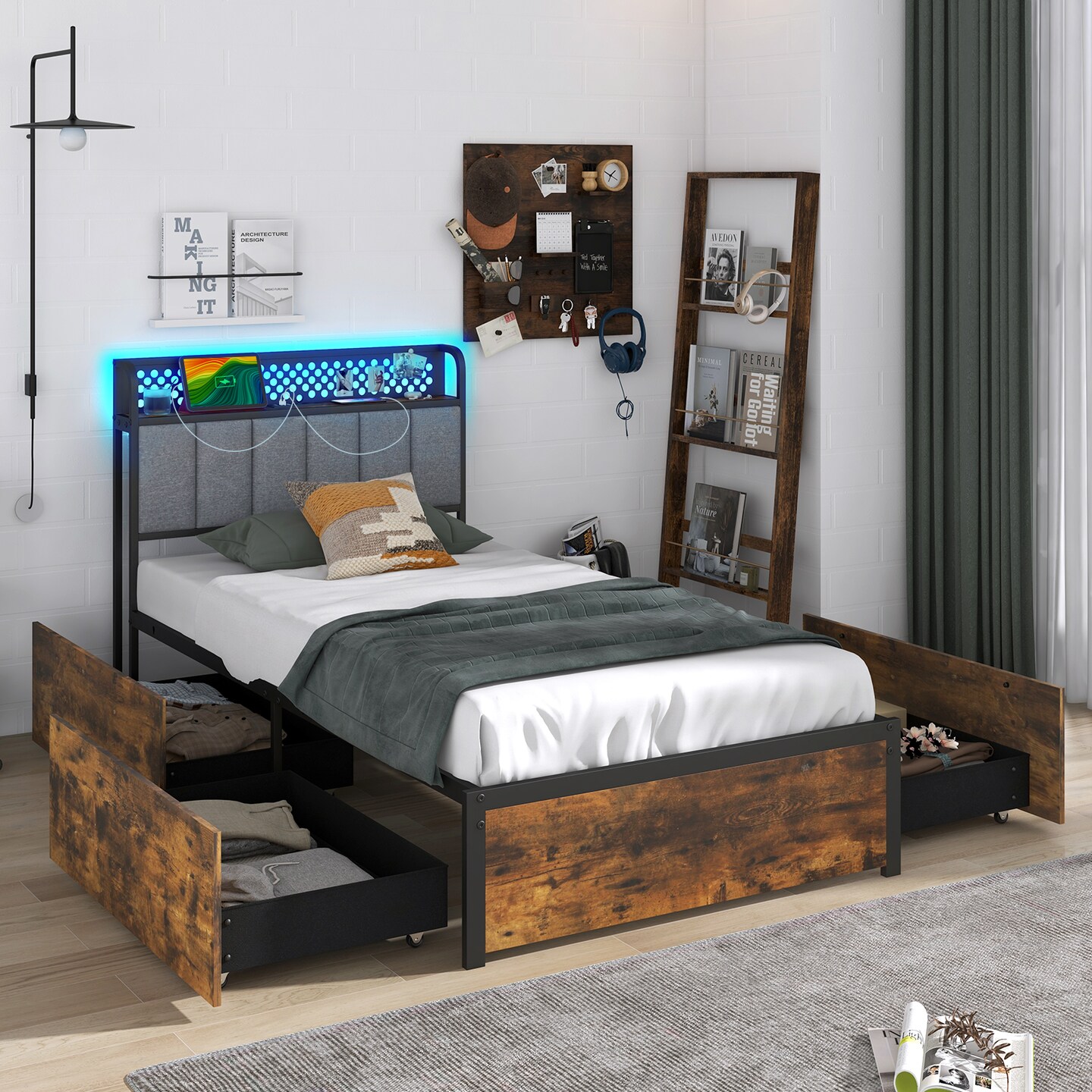 Twin/Full/Queen Bed Frame with LED Lights Upholstered Headboard and 4 Storage Drawers-Twin size