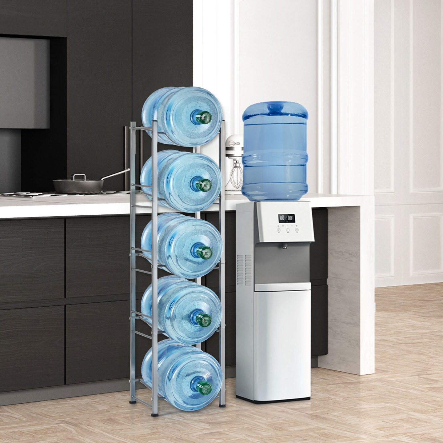 Silver 5 Gallon Water Jug Rack, 5-Tier Water Bottle Holder Storage Rack, Water Jug Organizer for Kitchen, Office, Garage
