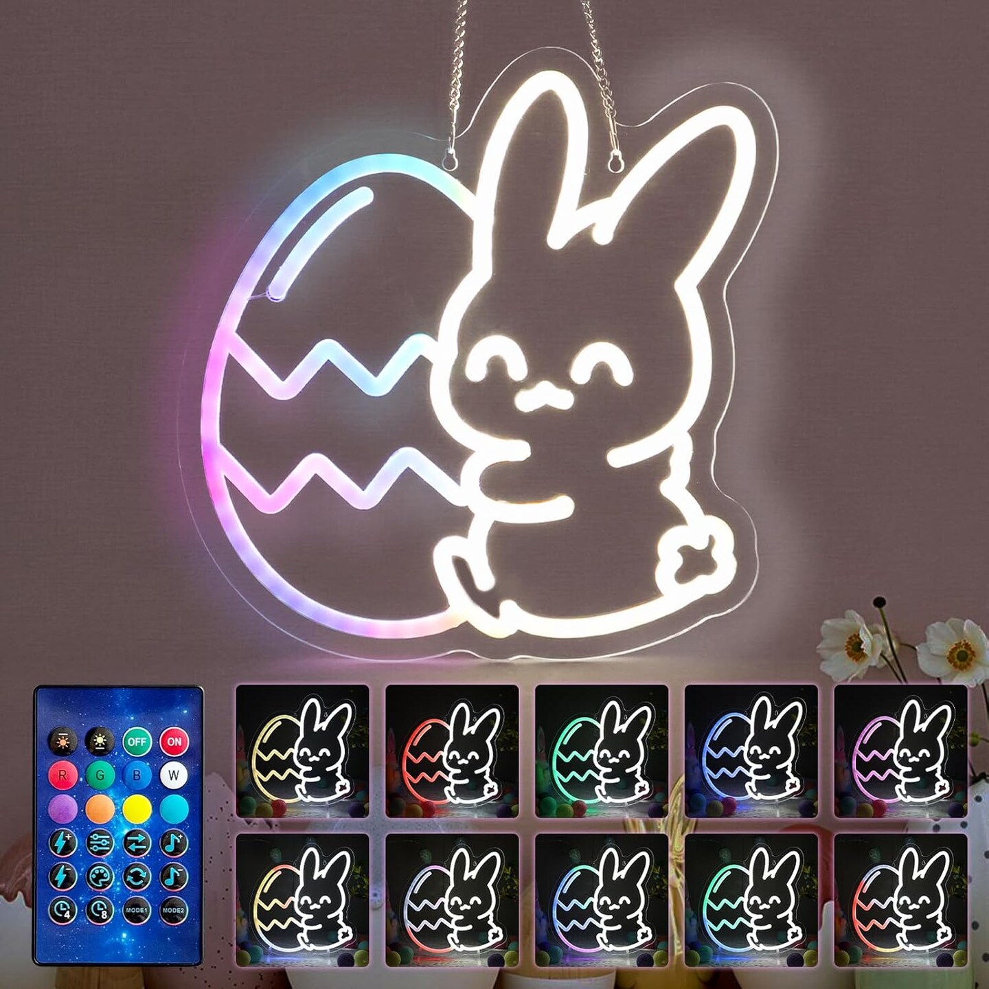 Easter Neon Lights, Bunny Embracing Egg, Multicolor Lights with Dynamic Effect Neon Sign, Remote Control Easter Lights USB Powered, Easter Decorations Indoor for Bedroom Wall Window Table Home Decor