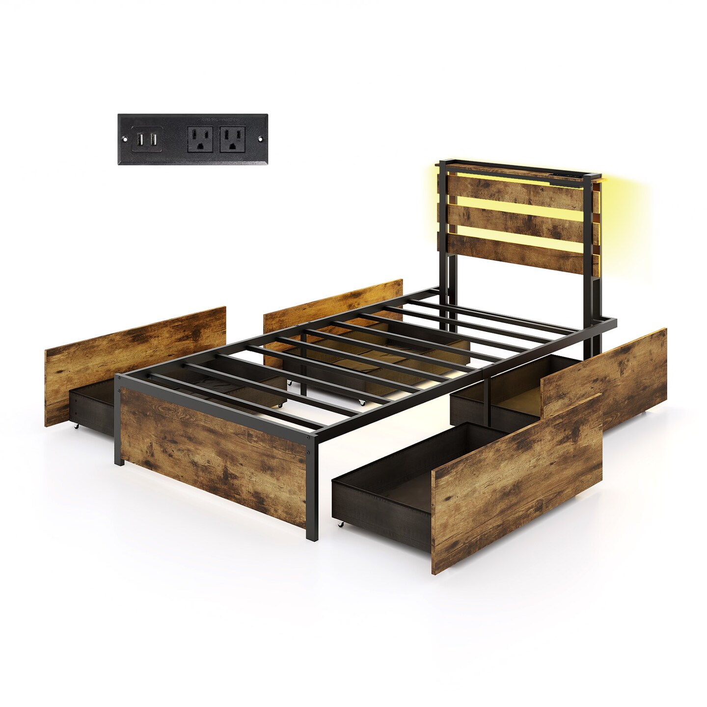 Rustic Brown Platform Bed Metal Frame with Drawers LED Lights and USB Ports