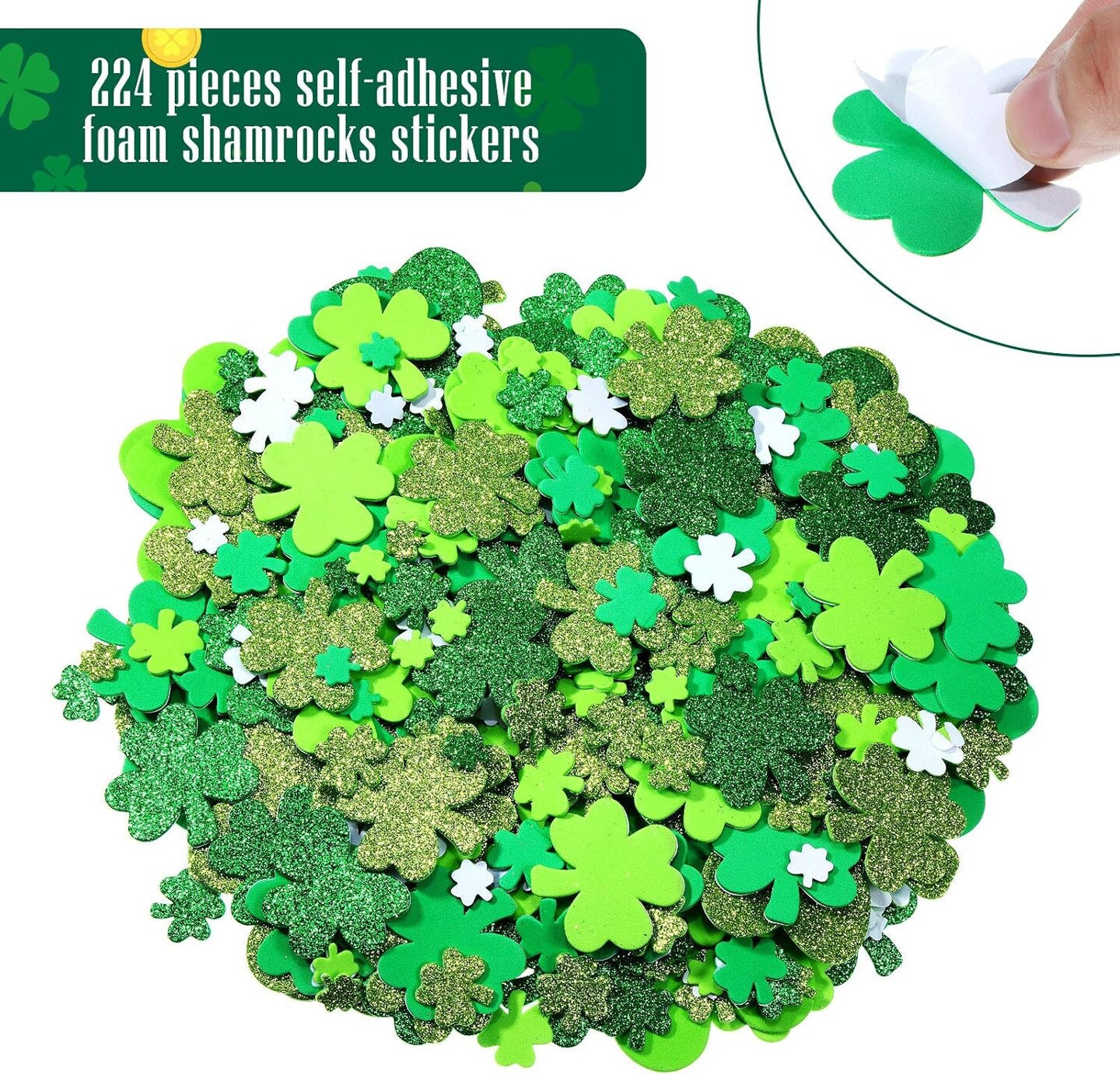 224 Pieces St. Patrick&#x27;s Day Craft Supplies Glitter Foam Shamrock Stickers Self-Adhesive Green Lucky Irish Decals