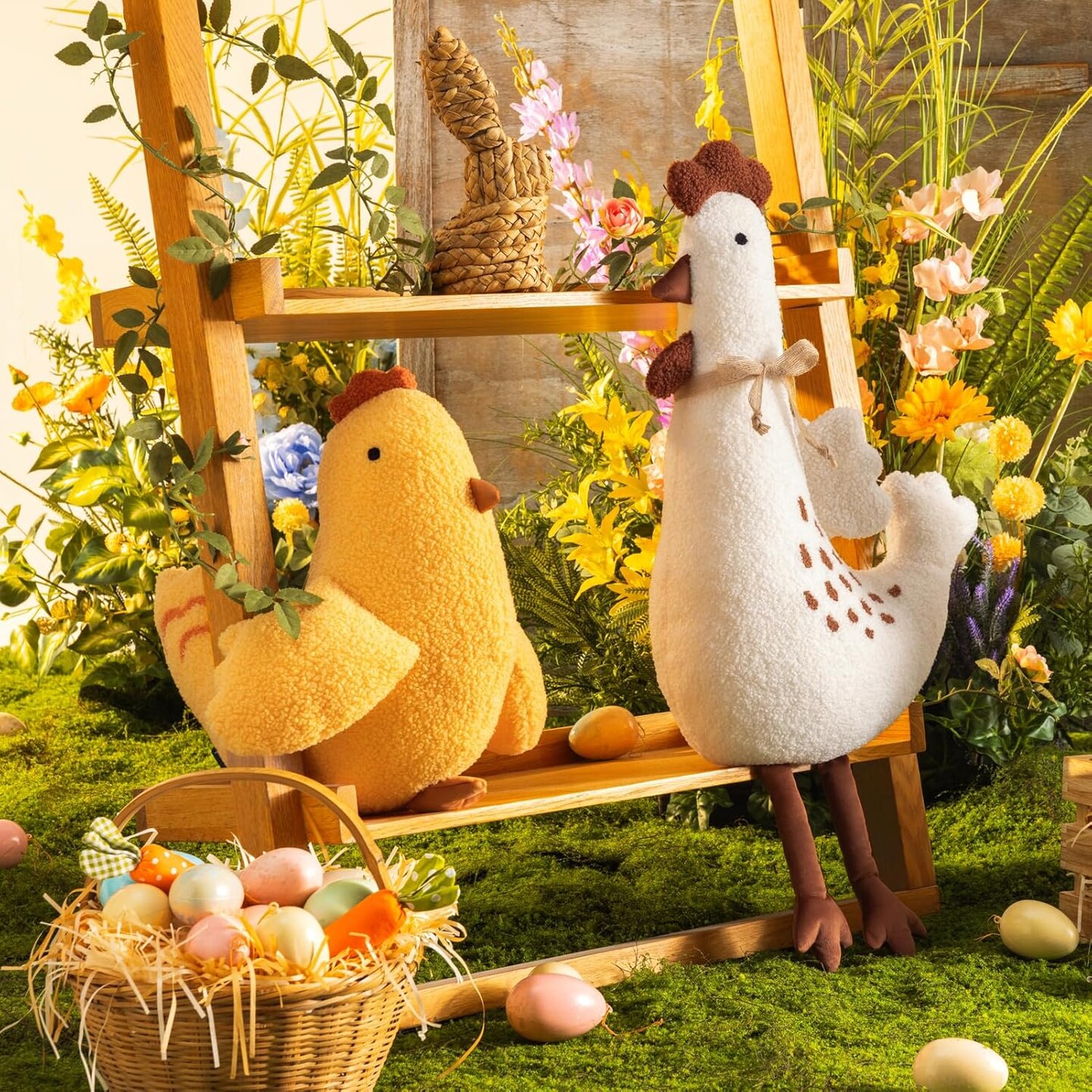 Happy Easter Shaped Throw Pillow, Soft Teddy Sherpa Chick Pillow, Decorative Easter Chicken Pillow with Wings Cockscomb Feet