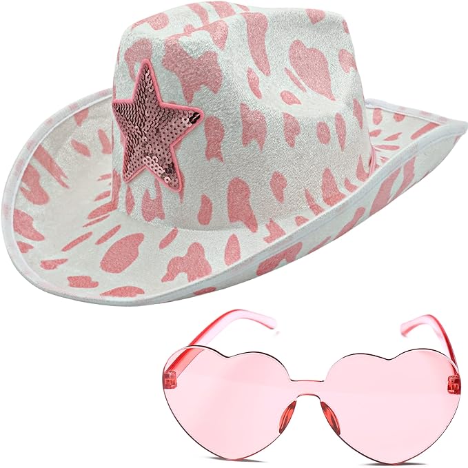 4E&#x27;s Novelty Pink Cow Print Cowboy Hat with Heart Sunglasses for Cowgirl Hats for Women