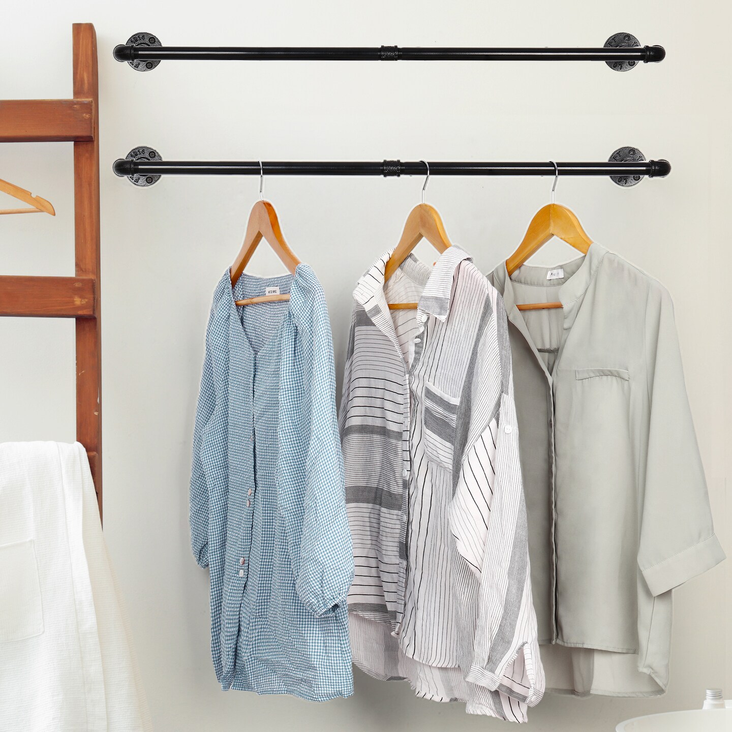 2pcs Wall Mounted Clothes Rack Pipe Coat Hanger Garment Racks Cloth Storage