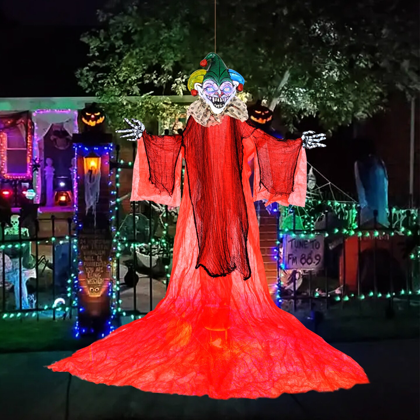 12FT Hanging Skeleton Ghost with Red LED Eyes Sound and Motion Activated Halloween Prop