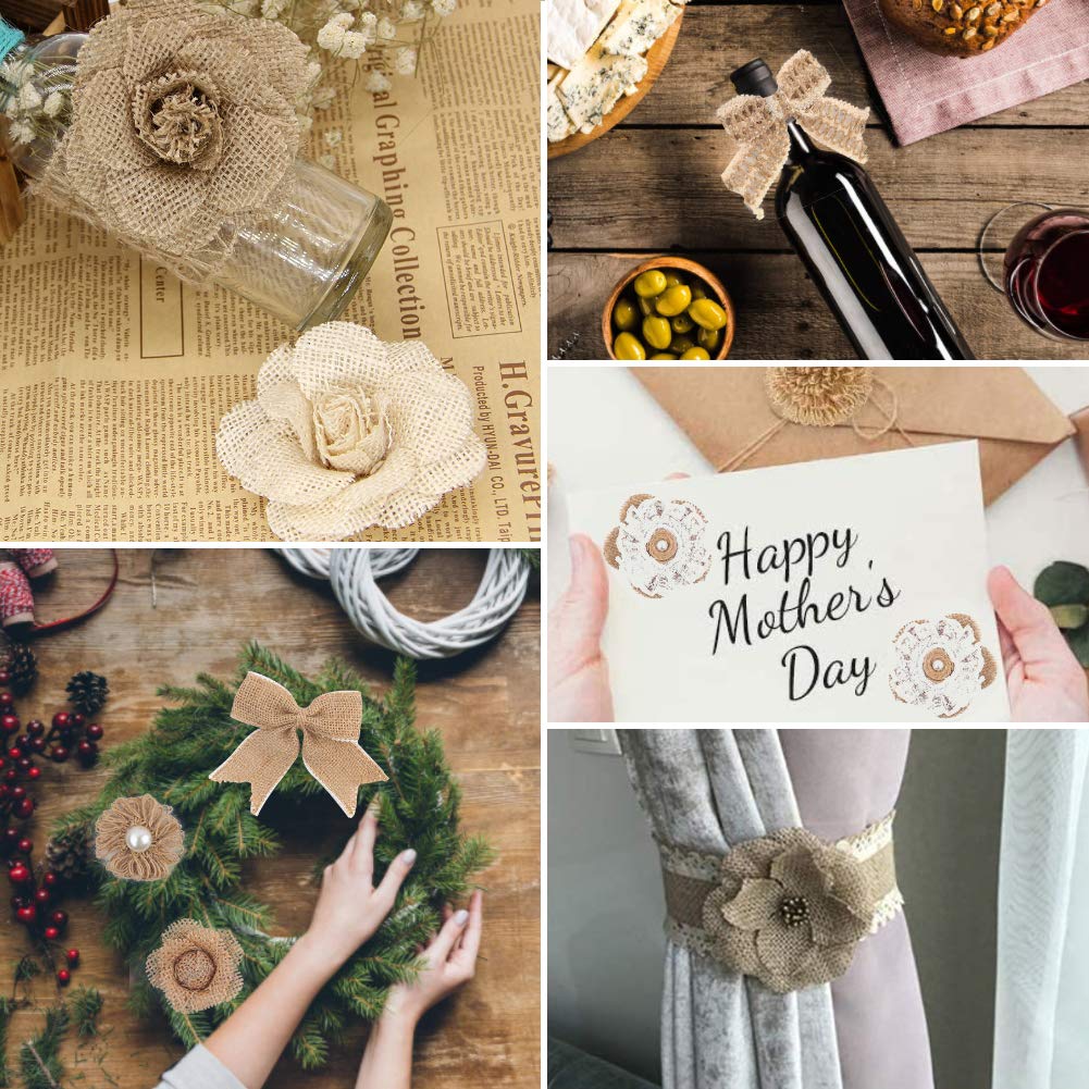 VGOODALL 32 PCS Natural Burlap Flowers Set, Burlap Bows and Scrapbook Embellishments for Wedding Party Decor Home, Embellishments for Crafts