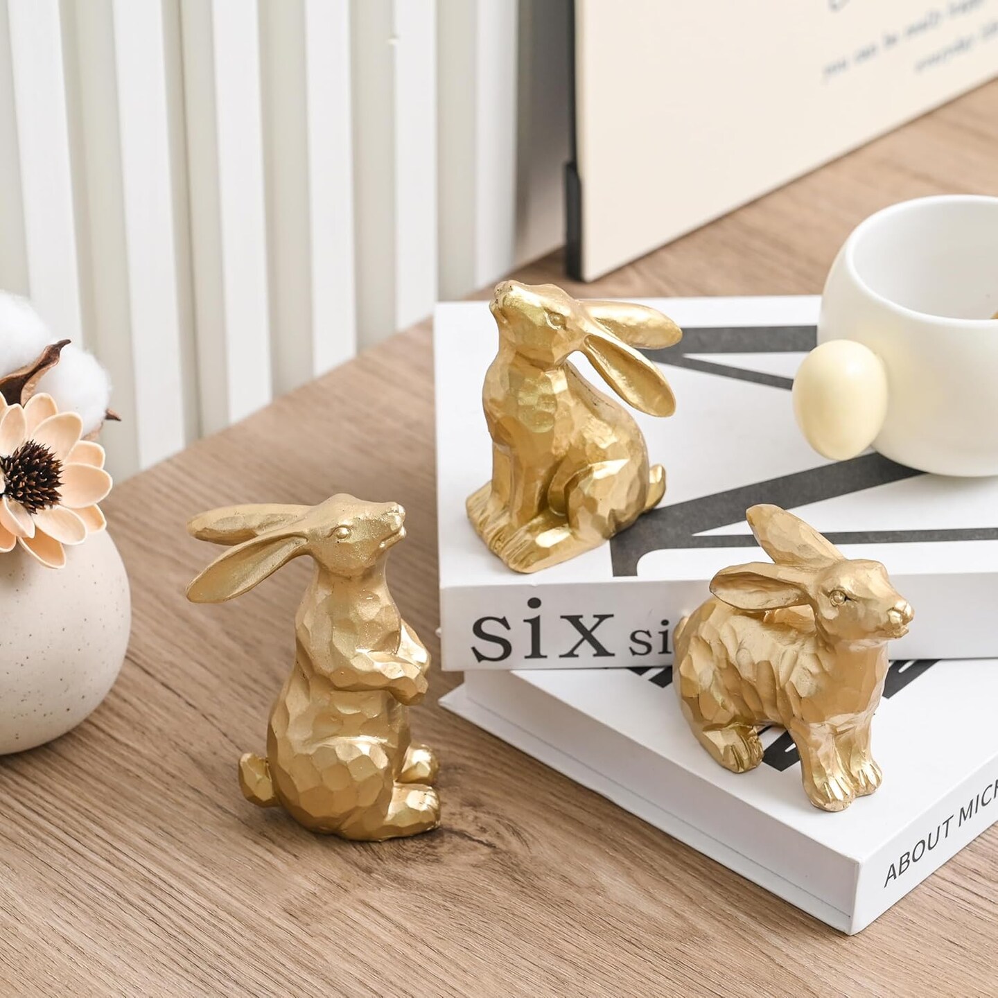 3 Pack Easter Bunny Figurines Decor, Mini Resin Golden Bunnies Spring Sculpture Tabletop Ornament