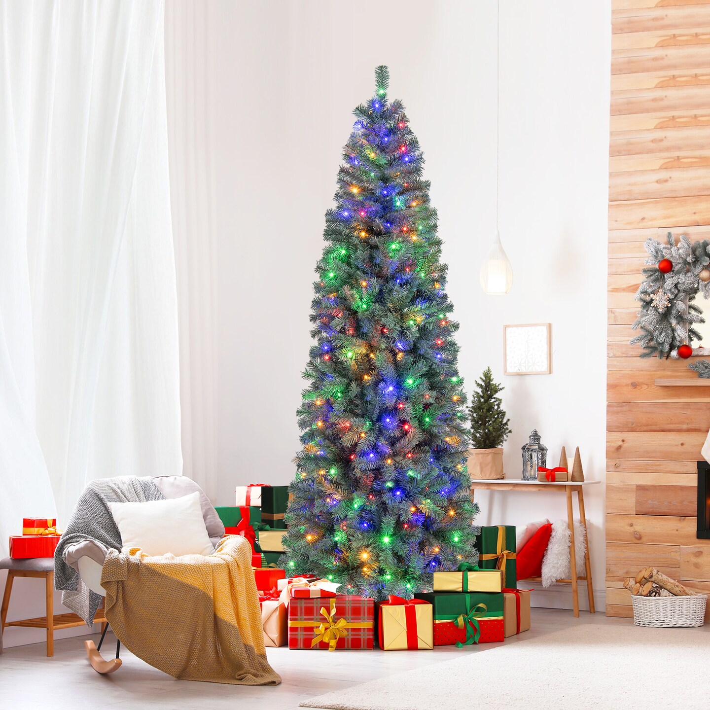 Pre-Lit Blue Artificial Christmas Tree Slim with 9 Lighting Modes