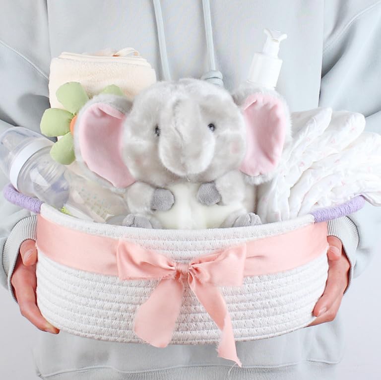 Empty Gift Baskets, Cute Woven Baskets for Storage, Small White Cotton Rope Baskets with Purple Handles for Women, Baby, Kid&#x2019;s, Pets Storage(Oval, 12&#x22;x 8&#x22;x 5&#x22;)