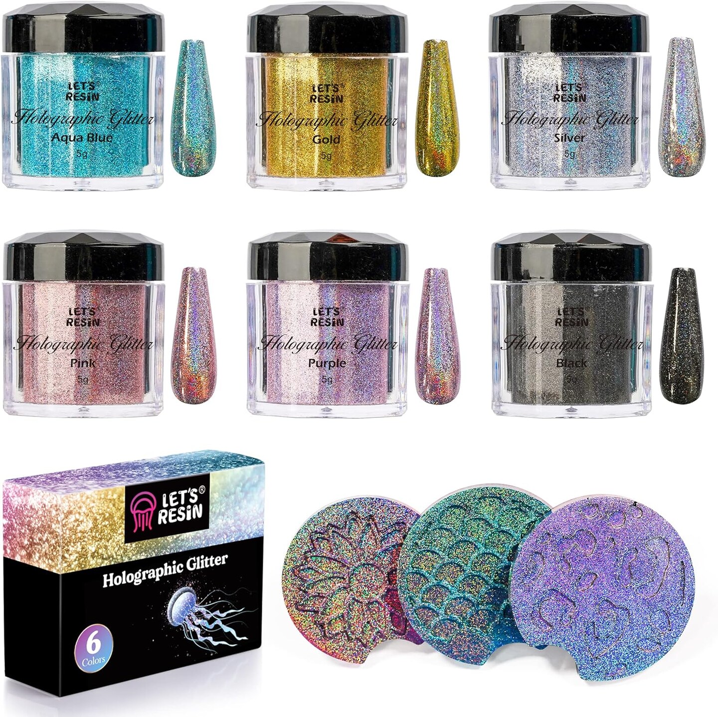 LET&#x27;S RESIN 0.08mm Holographic Glitter, Ultra Fine Glitter for Epoxy Resin/Resin Molds, Sparkle Saturated Color Glitter Powder for Nail Art, Slime, Tumbler, Hair