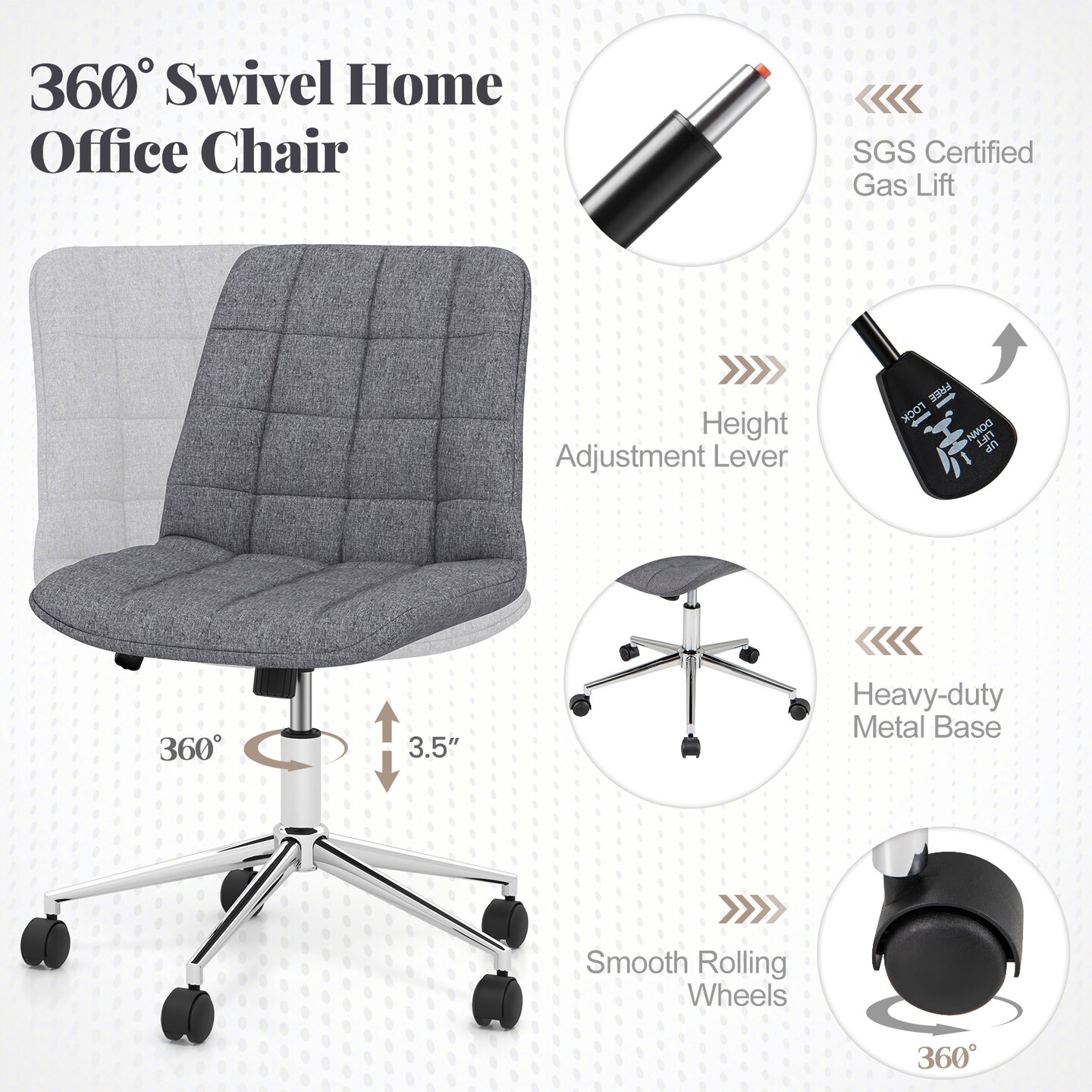 Adjustable Height Upholstered Armless Desk Chair with 5 Smooth Rolling Wheels and Metal Base