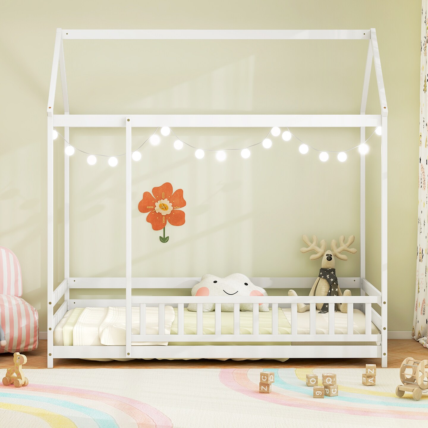 Kids Twin Size Montessori Pine Wood Playhouse Bed with Guardrail for Bedroom