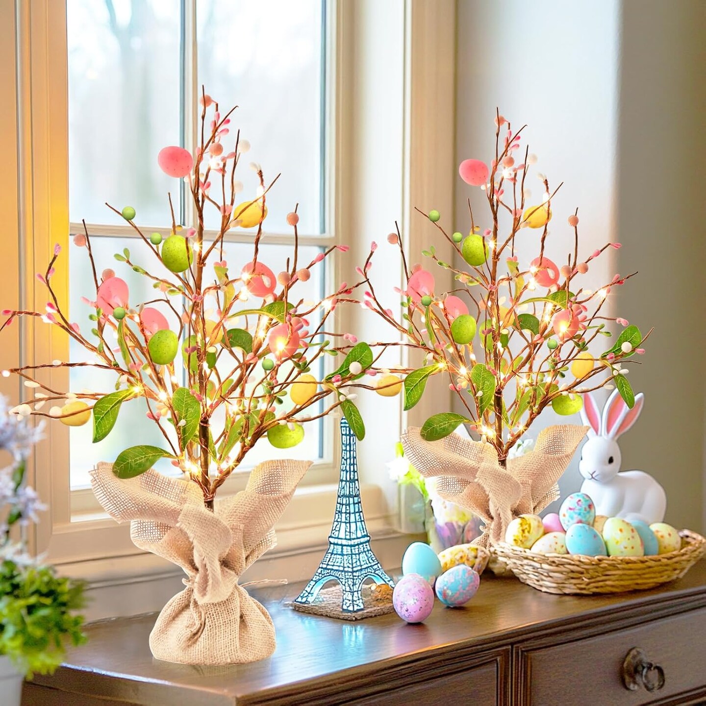 Easter Decorations, 2 Pack Easter Tree with Eggs Artificial Battery Powered Tabletop Centerpiece Lighted Artificial Tree for Holiday Party Spring Home Decor
