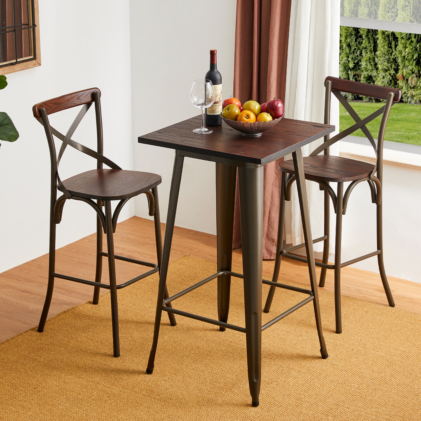 3 Piece Pub Table and Bar Chair Set - Steel Square Bar Table and Bar Chair Set