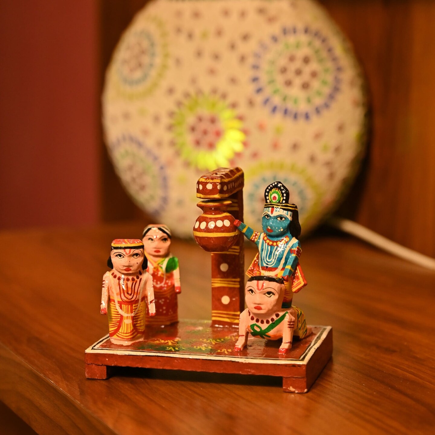 Wooden Krishna Makhan Chor Leela for Janmashtmi Golu Decoration Handpainted Kondapalli Krishna Set Show-piece for Home Temple Shelf Display Table Decor Gifting Item