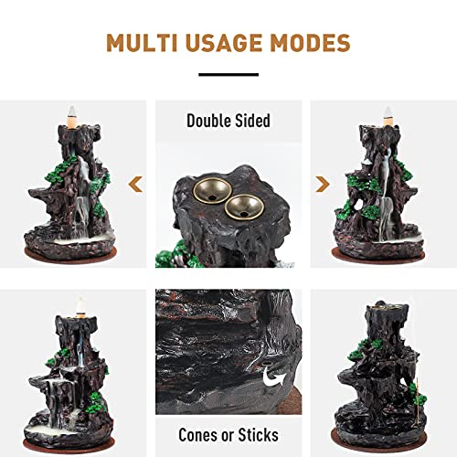 Dual Sided Incense Burner, Resin River Tower Backflow Incense Holder, Cool Aromatherapy Incense Fountain Smoke Mountain Waterfall with 120 Upgraded Incense Cones+30 Incense Sticks