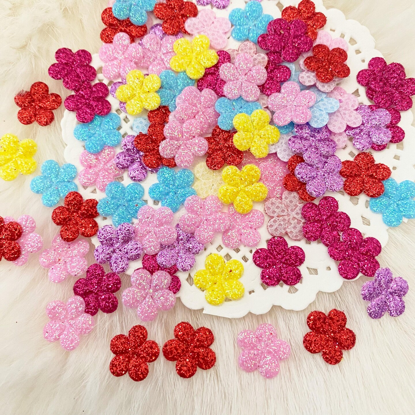 Tiny Glitter Flowers 10mm 50pcs, Assorted Colors Craft Flowers