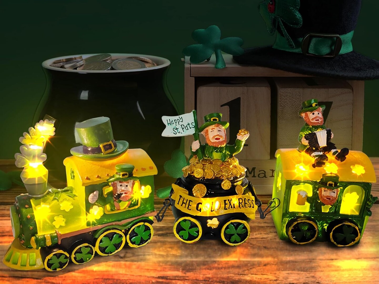 St Patricks Day Decorations Train, Lighted Saint Patrick Decor for Tabletop, Leprechaun Lighted Centerpieces Table, Ireland Decorations for Home Outdoor Party Decorations Figurines Green