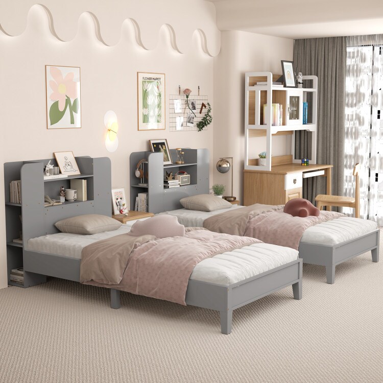 Wooden Twin Bed Frame with Bookcase Headboard Storage Shelves and Under-bed Space