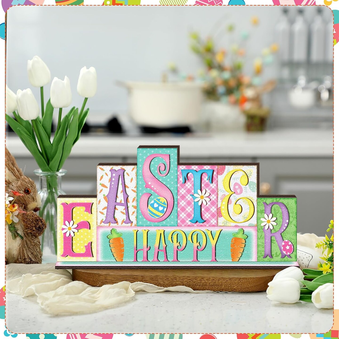 Easter Decorations Pastel Spring Table Decor Reversible Happy Easter Wooden Sign Farmhouse Hello Spring Tabletop Centerpiece for Home Tiered Tray Shelf Office Desk Mantel Rustic Decor