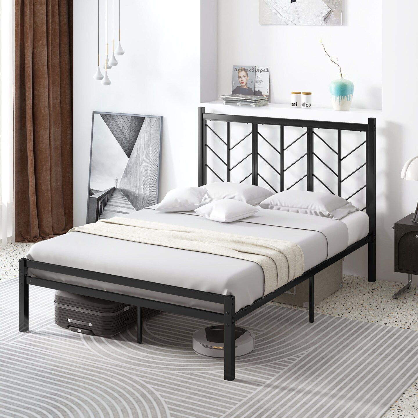 Black Platform Bed with Branches Shape Headboard Design and Metal Frame