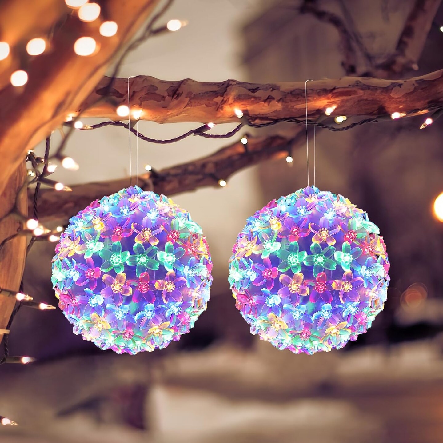 Christmas Light Ball Cherry Blossom Sphere, Battery Powered Christmas Window Lights Indoor, 2 Pack Hanging Lights for Outdoor Christmas Decoration with Timer Function, Colorful Light