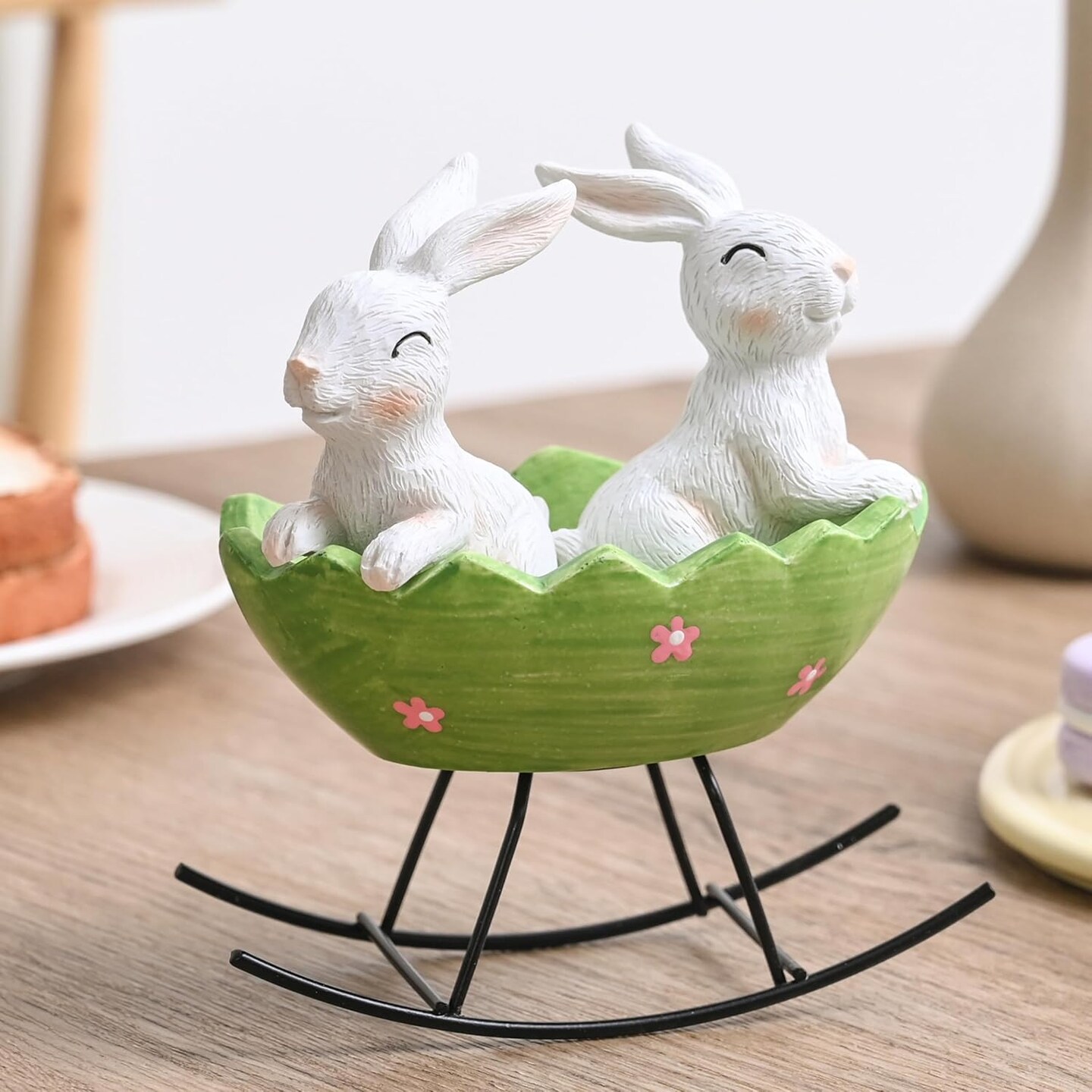 Easter Bunny Decor, White Resin Bunny Figurines Rocking in Egg Cradle, Cute Rabbit Decor for Spring Easter Decoration Vintage Rustic Bunnies Rabbit Statue