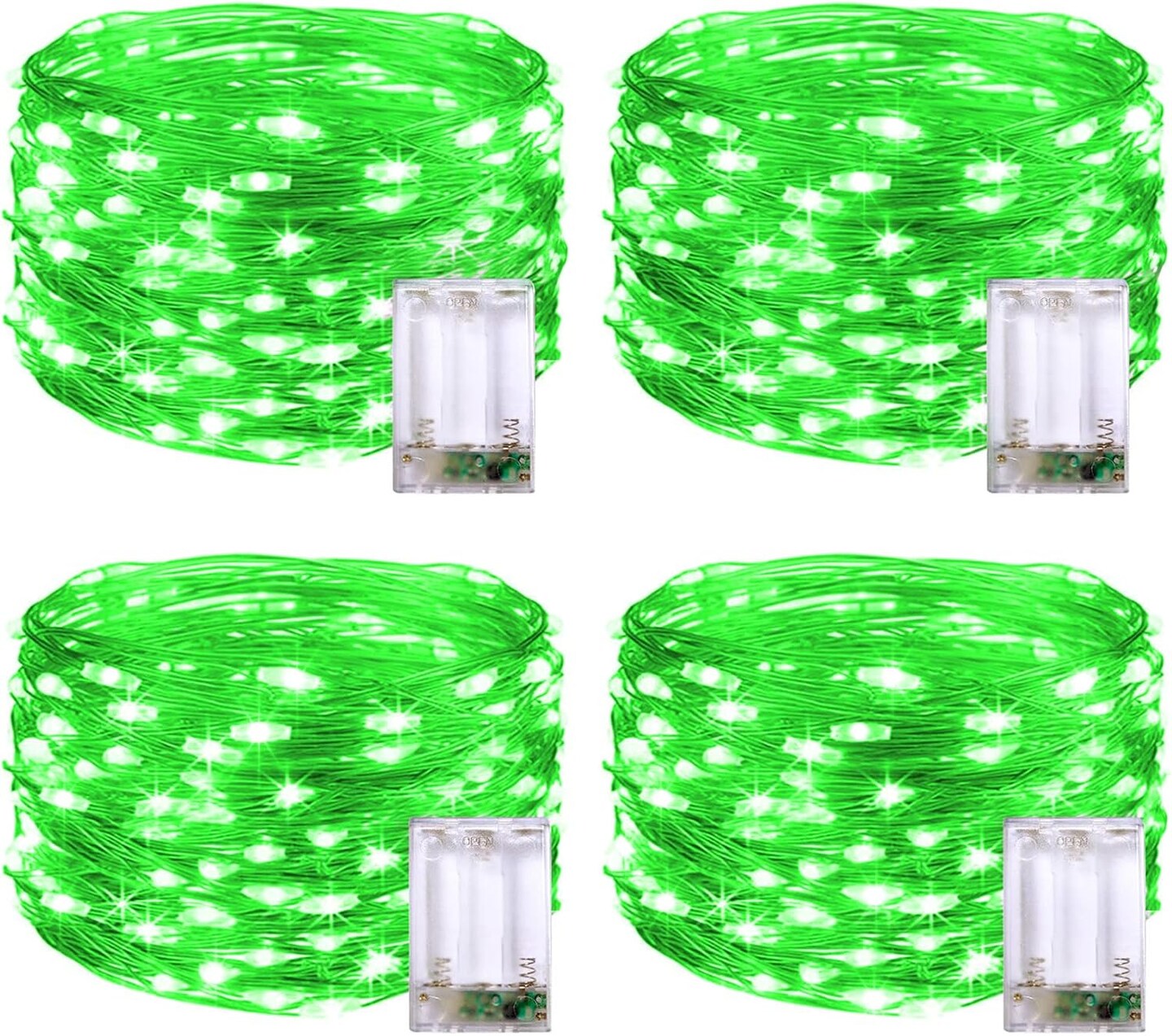 4 Pack 50 LED St Patricks Day Lights Battery Operated: 16.1ft Green Fairy Lights Indoor Outdoor Waterproof - Green Christmas Lights for Bedroom Garden Party Decorations