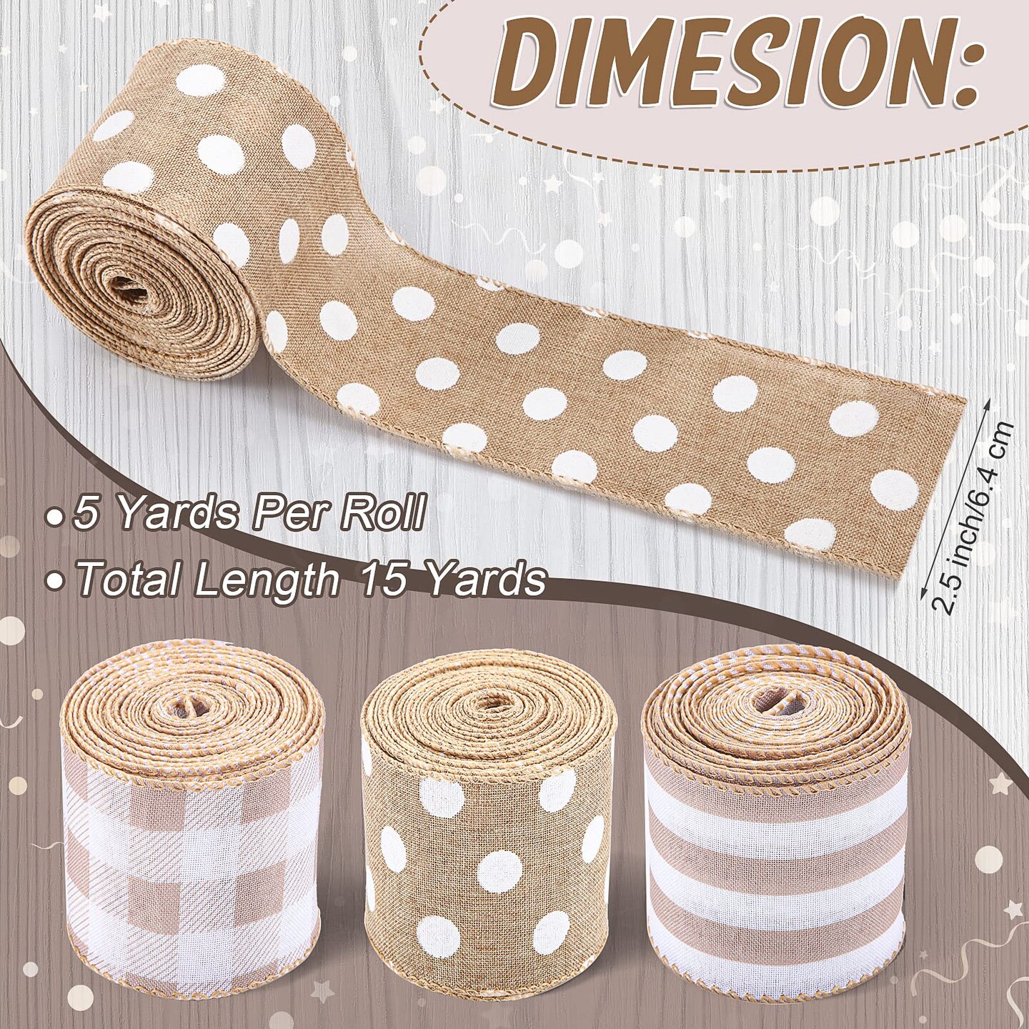 3 Rolls Burlap Wired Ribbons Plaid Wrapping Striped Gingham Grosgrain Ribbon Dot Pattern for DIY Crafts Party Home Decoration, 2.5 Inch x 15 Yards (Linen Color), (Wiaxin-Ribbon-2055)