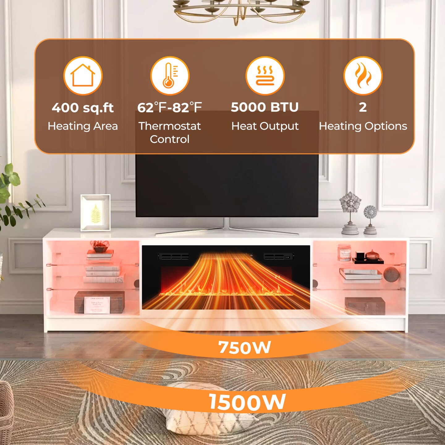 36 Inches Electric Fireplace Heater Recessed with LED Strip Lights and Remote Control