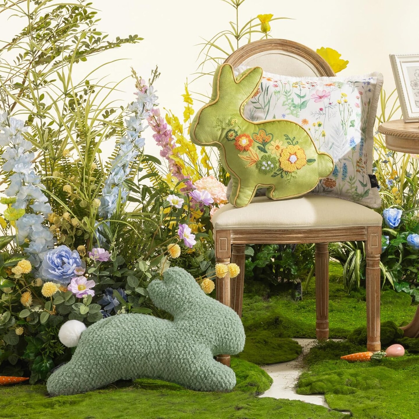 Happy Easter Bunny Shaped Throw Pillow, Embroidered Floral Patterns Cushion Soft Velvet Easter Rabbit