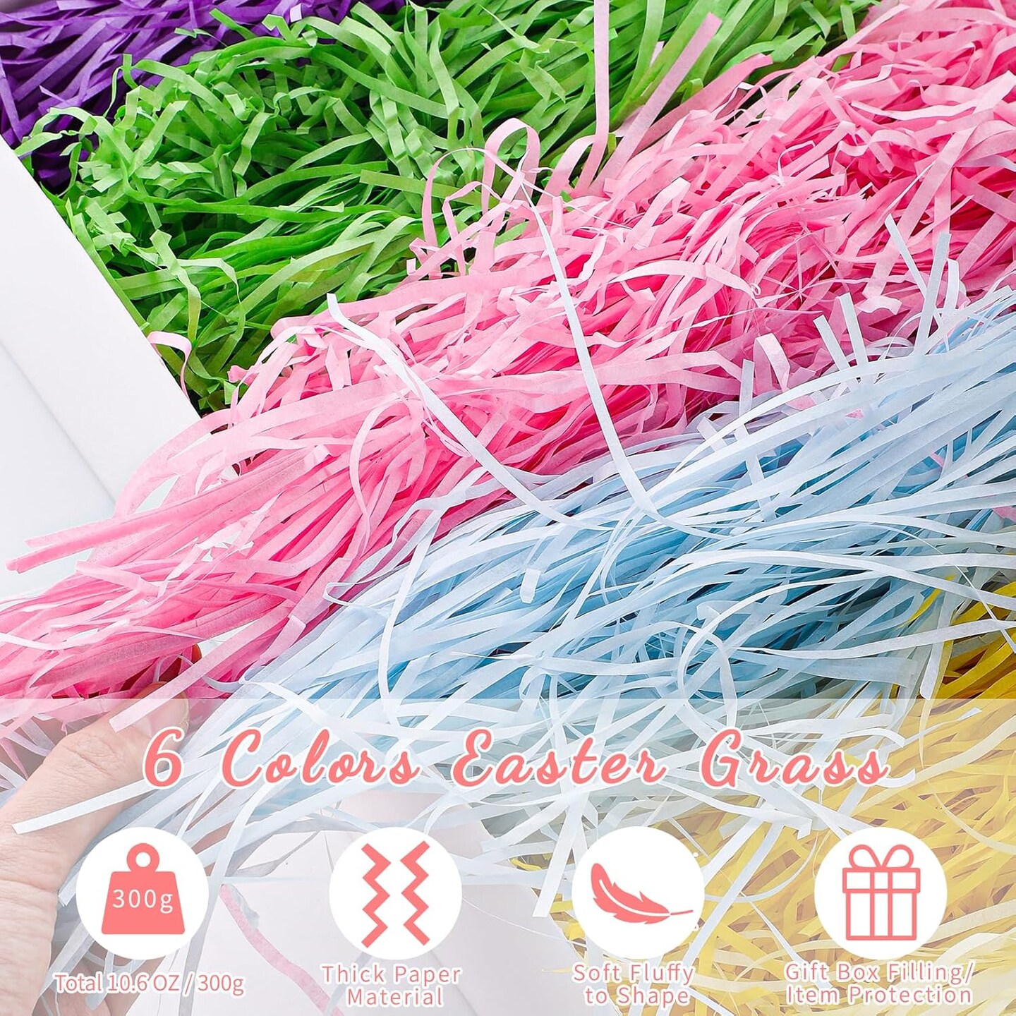 Easter Grass Basket Filler 10.6 oz (300g), 6 Colors Crinkle Paper Shredded Paper for Gift Baskets Easter Egg Hunt Gift Wrapping Boxes Bags Filler Decorations