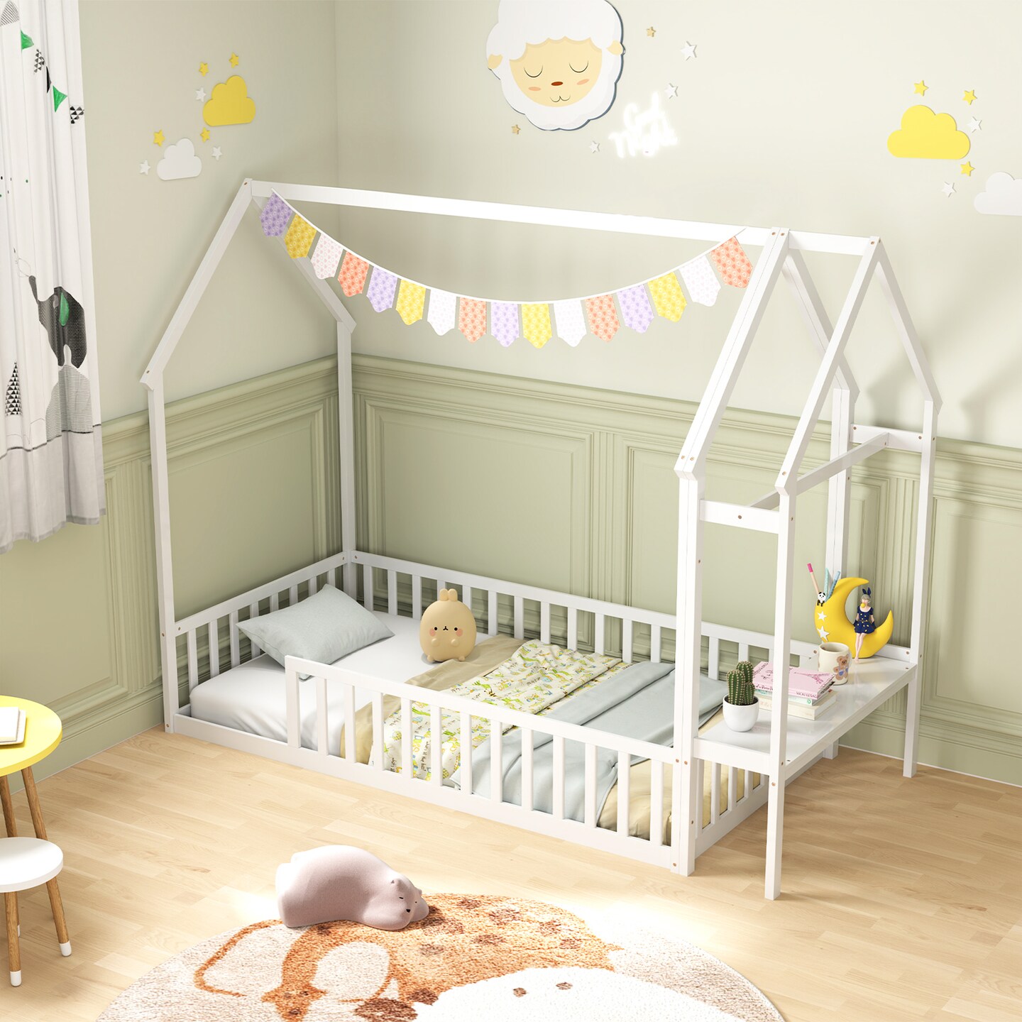 Twin House Floor Bed Montessori Bed Frame with Storage Shelf-White