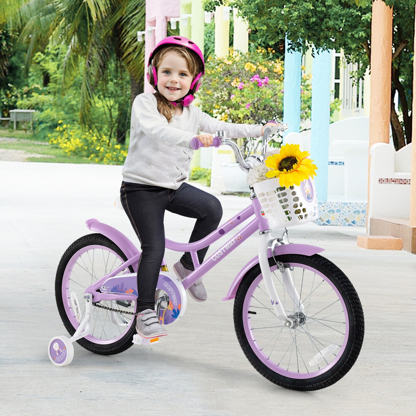 18 Inch Pink Girl Bike with Basket, Detachable Training Wheels for Kids 4-8 Years Old