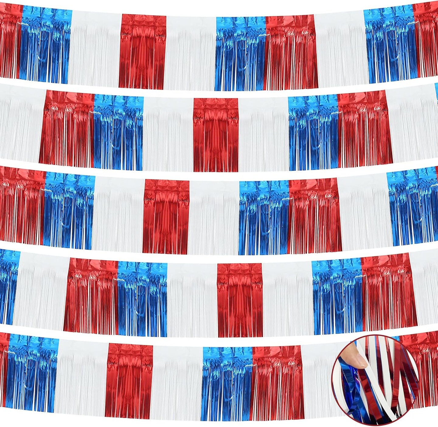 5 Pack 10 Feet Parade Floats Foil Fringe Garland Metallic Tinsel Streamers Banner for Wedding Birthday Party 4th of July Memorial Patriotic Day Decoration (Royal Blue Red White)