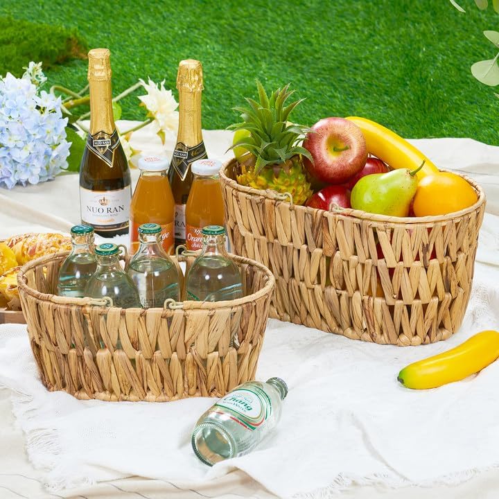 Picnic Basket for 2 Pack, Natural Nesting Wicker Picnic Basket with Handle, Hand-Woven Water Hyacinth Storage Basket for Camping & Outdoor Use