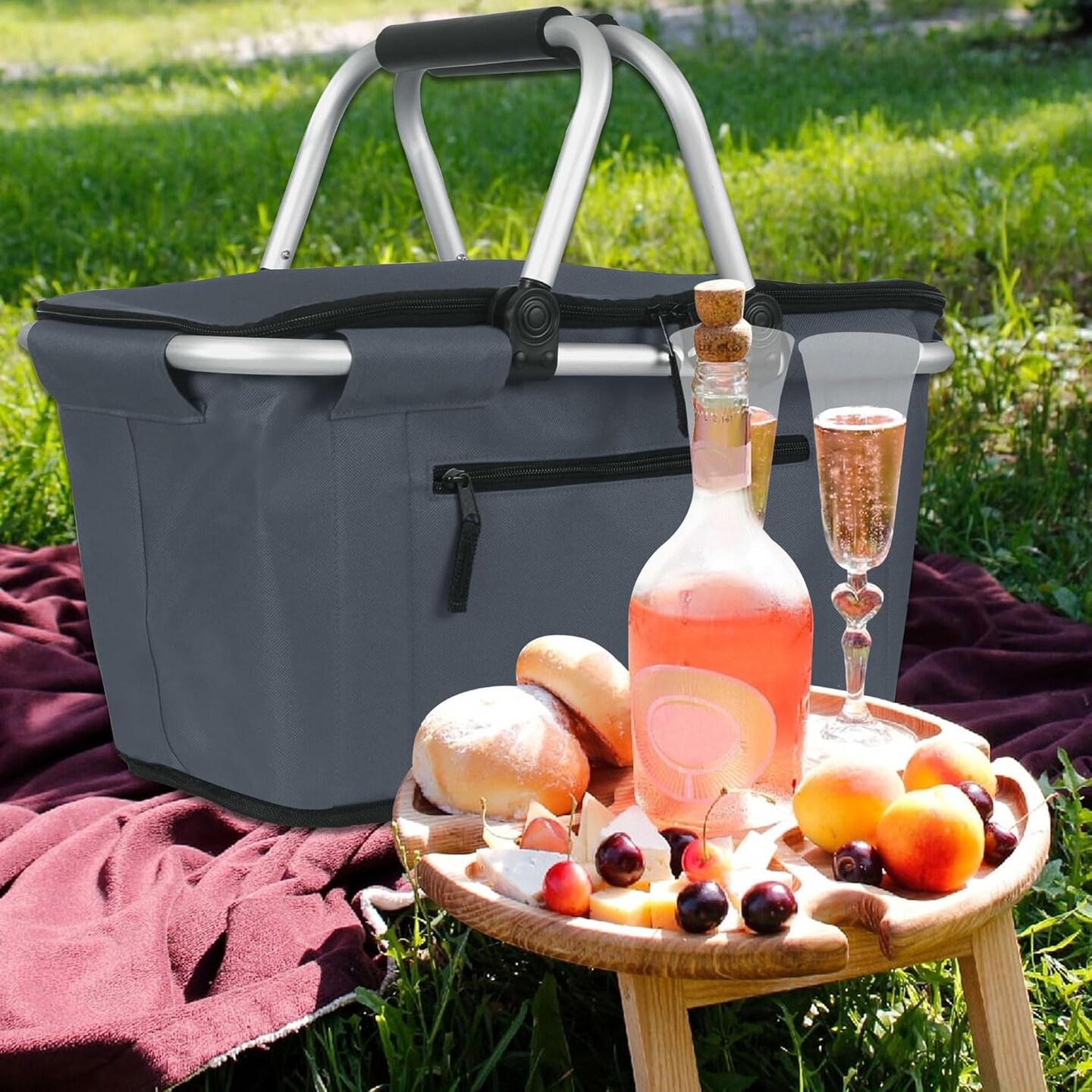 Collapsible Picnic Basket Insulated with Lid 27L Large Capacity Reusable Portable Folding Market Shoping Bag with Handles for Grocery