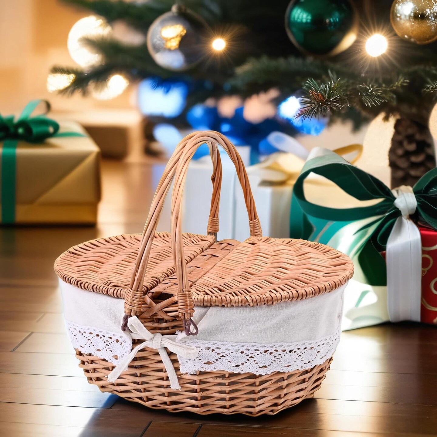 Large 15.4&#x22; Wicker Picnic Basket with Removable Liner Empty Picnic Baskets with Lid, Picnic Hamper with Foldable Handles for Picnic, Natural Color, Large