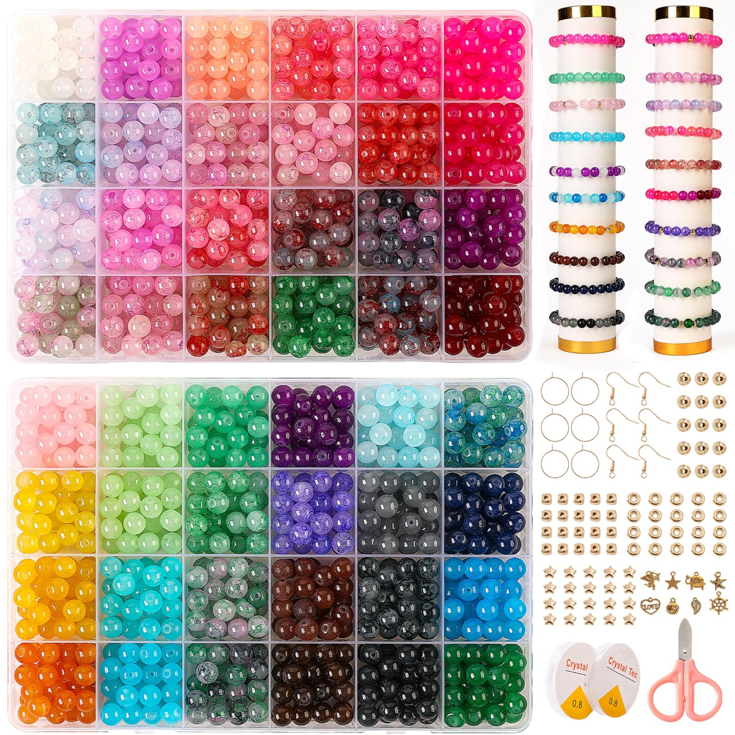 Glass Beads for Jewelry Making, 1300pcs + 8mm 48 Colors Round Crystal Glass Beads Bracelet Making Kit, Bead Starter Kit for Birthday Holiday Christmas Gifts