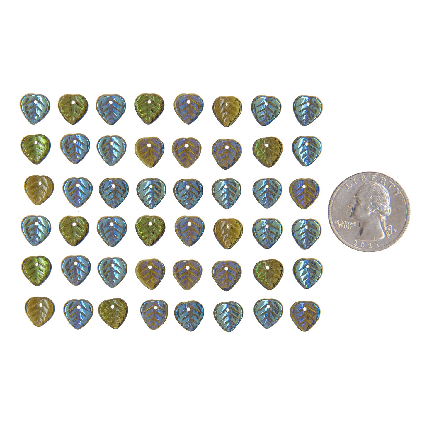 Deep Olive Green with Iridescent Coating on One side Heart 10mm Leaf Beads, apx 50 beads GB-LB39