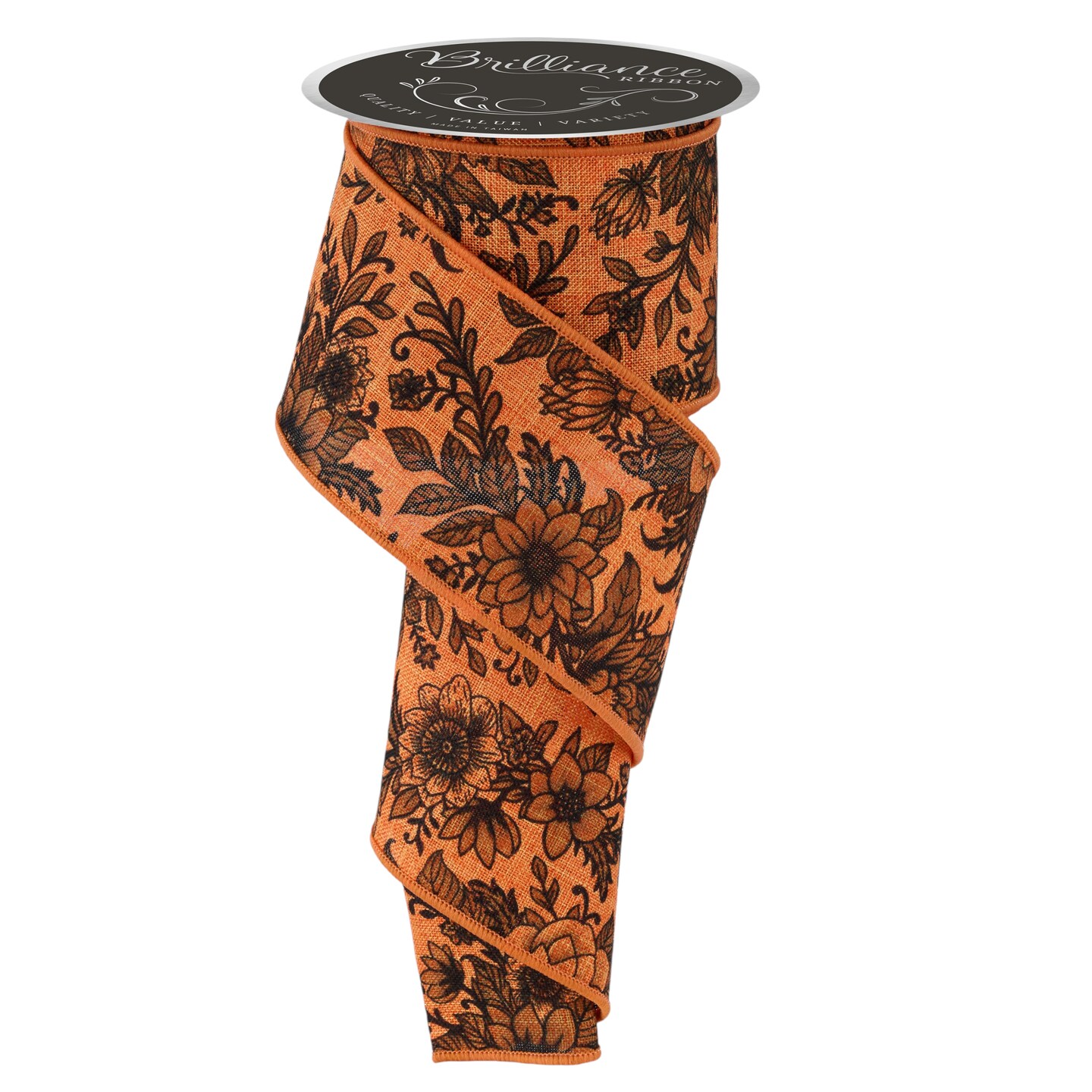 Brilliance 2.5" Chinoiserie Florals Wired Ribbon 30' - Orange, Black - For Flower Pattern Bows, Wreaths, Gift Wrap, Crafts and Decorations