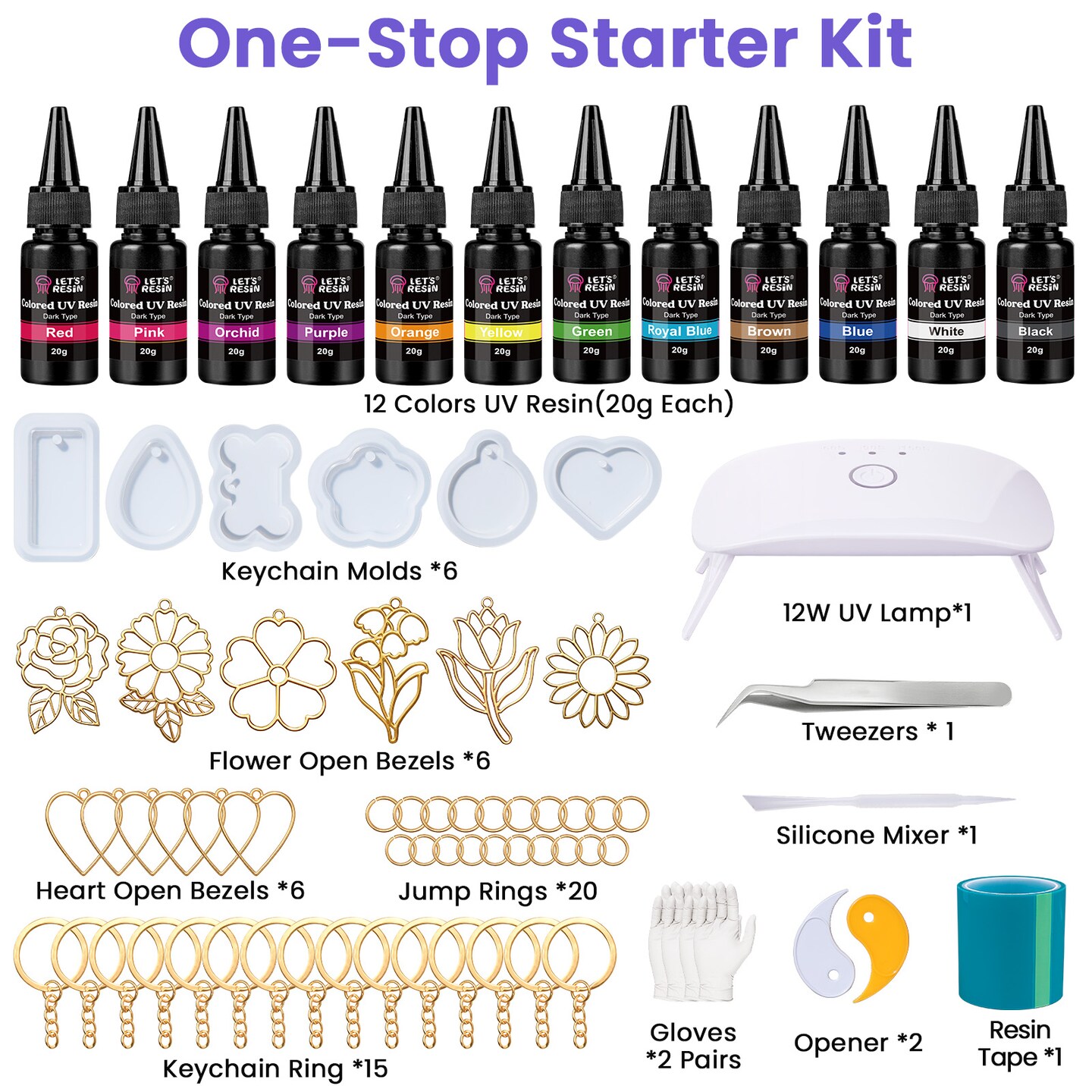 LET'S RESIN All-Inclusive Keychain Making Kit, 12-Color UV Resin with Keychain Molds Silicone, UV Light, 6 Styles Flower and Heart Open Bezels for Resin, Jewelry Making Kit for Beginners, Craft Decor