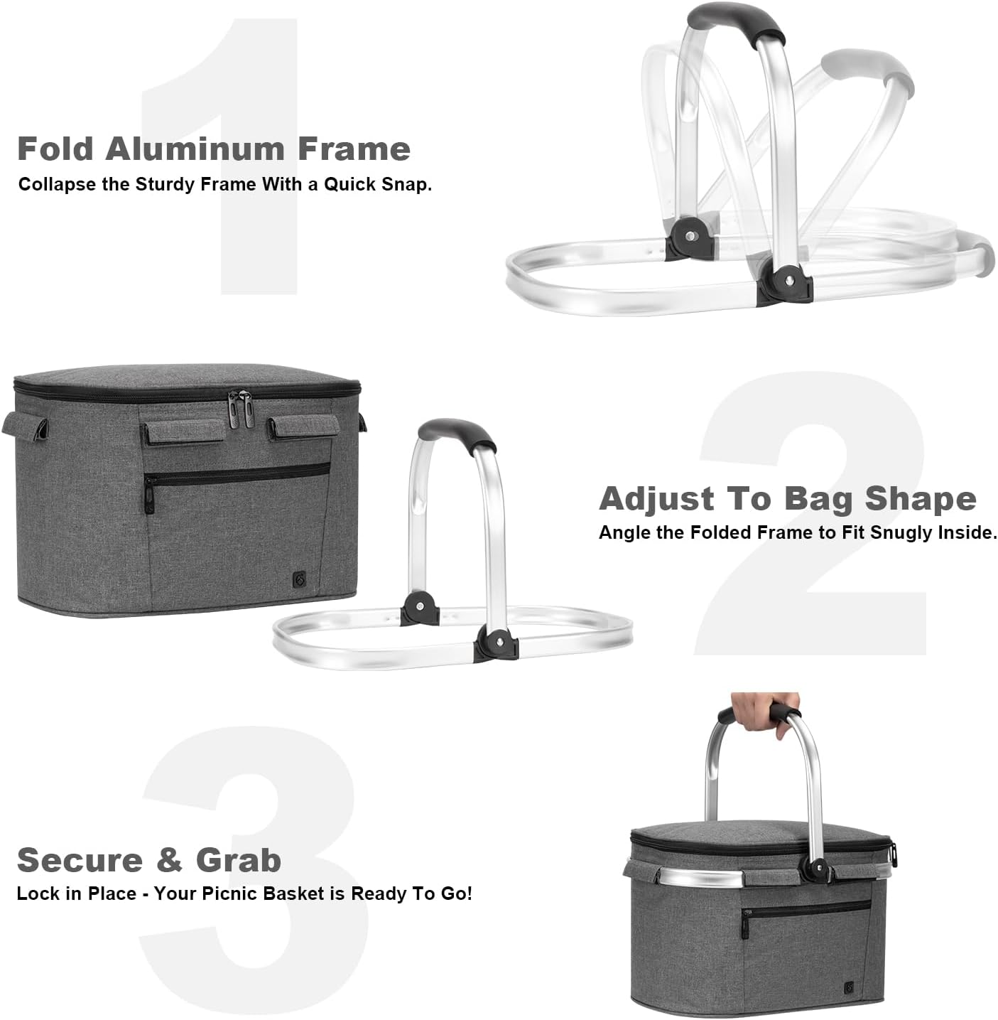Insulated Cooler Bag Portable Collapsible Picnic Basket Cooler Bag Collapsible, Leakproof, Lightweightwith Sewn in Frame (Medium Gray