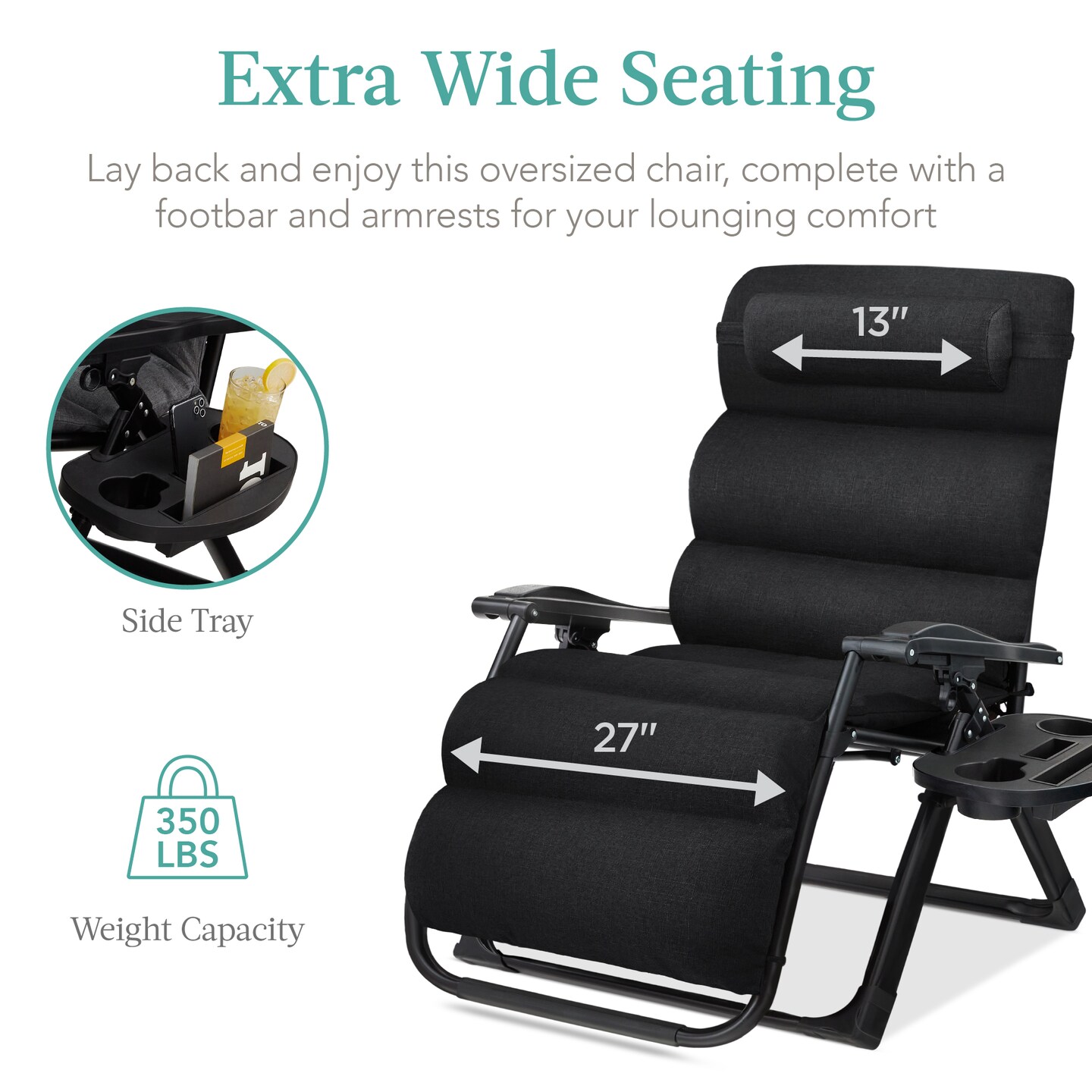 Best Choice Products Oversized Zero Gravity Chair, Folding Recliner w/ Removable Cushion, Side Tray