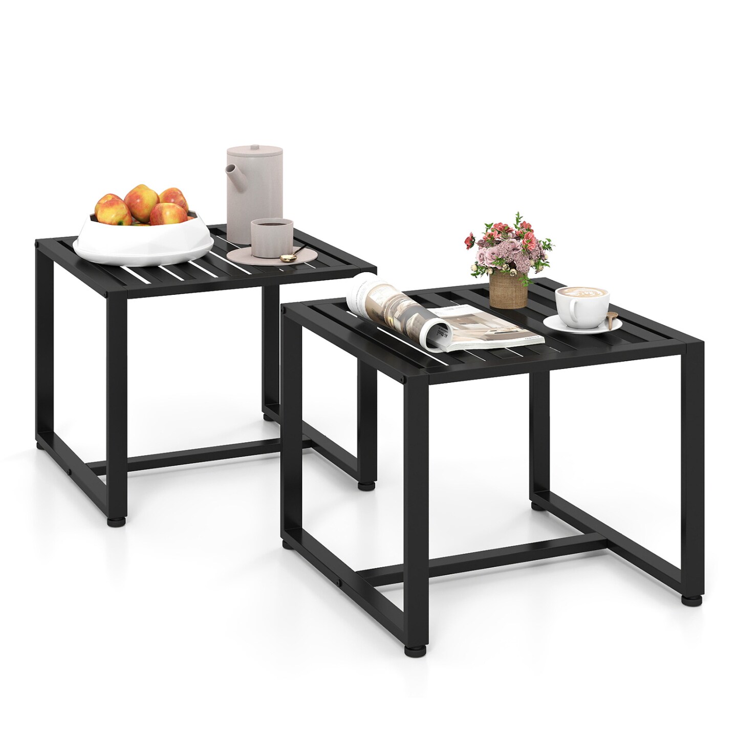 Industrial Side Tables Set of 2 Slatted Top Metal End Tables Black