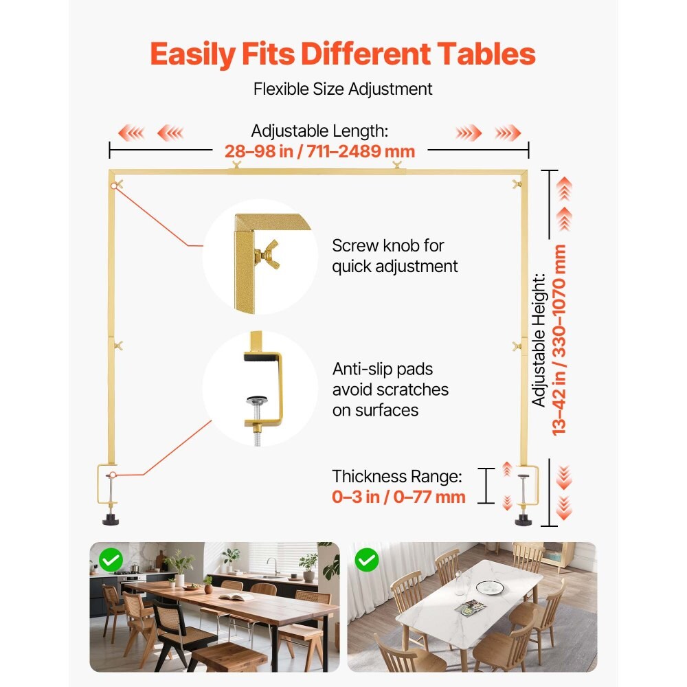 Gold Steel Adjustable Tabletop Arch Stand with C-Clamps and Flowers